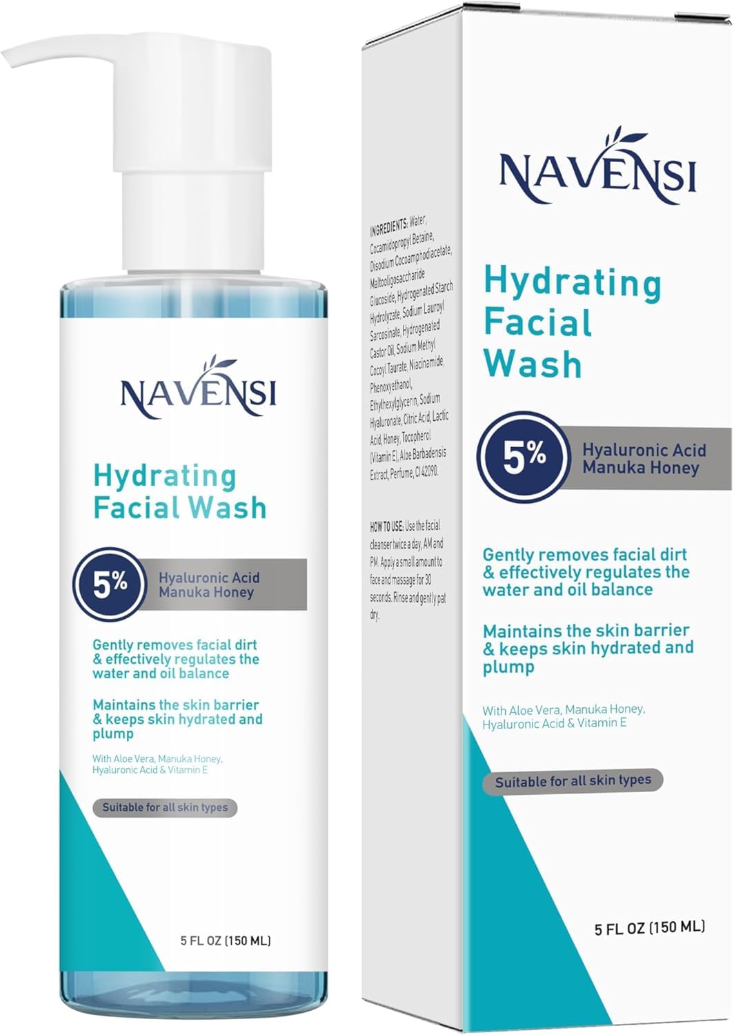 Navensi Hydrating Facial Wash | Hyaluronic Acid, Aloe Vera, Vitamin E & Manuka Honey | Deep Moisturizing & Refreshing Face Cleanser for Soft, Glowing Skin | Gentle & Sulfate-Free | 150ml
