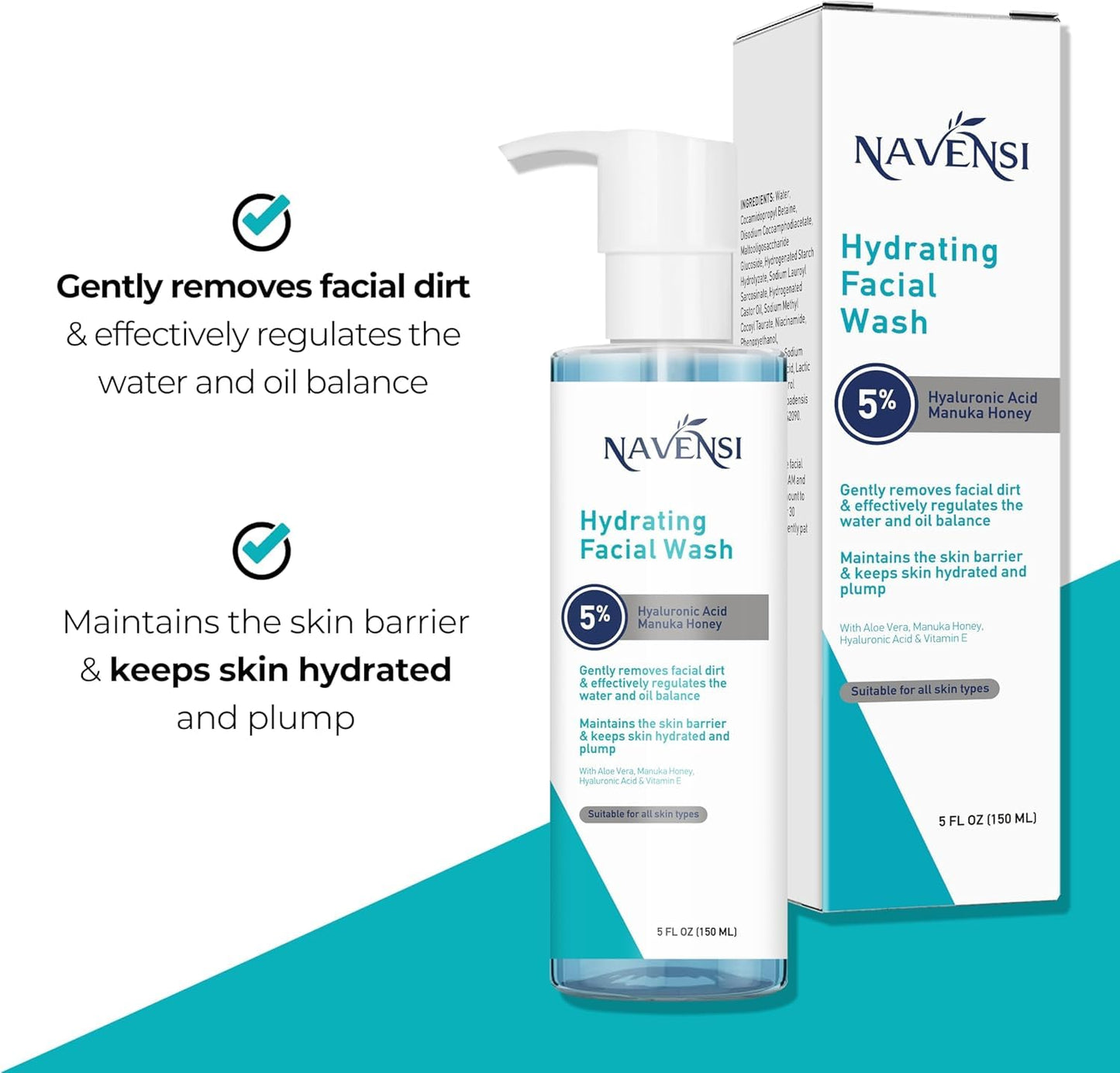 Navensi Hydrating Facial Wash | Hyaluronic Acid, Aloe Vera, Vitamin E & Manuka Honey | Deep Moisturizing & Refreshing Face Cleanser for Soft, Glowing Skin | Gentle & Sulfate-Free | 150ml
