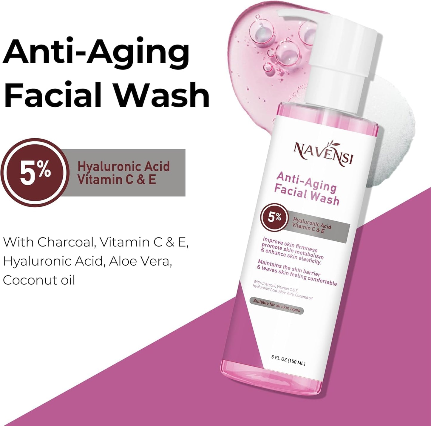 Navensi Anti-Aging Facial Wash | 5% Hyaluronic Acid, Manuka Honey, Charcoal, Aloe Vera, Vitamin C & E, Coconut Oil | Deep Cleansing & Hydrating Face Wash for Youthful Glow | 150ml