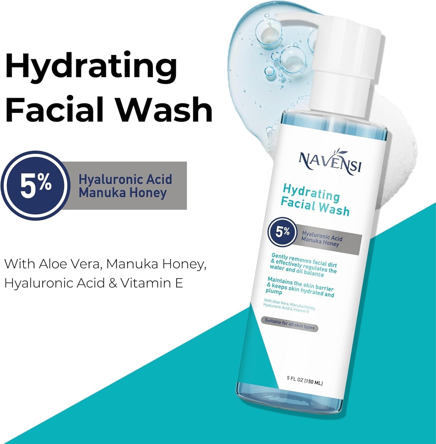 Navensi Hydrating Facial Wash | Hyaluronic Acid, Aloe Vera, Vitamin E & Manuka Honey | Deep Moisturizing & Refreshing Face Cleanser for Soft, Glowing Skin | Gentle & Sulfate-Free | 150ml