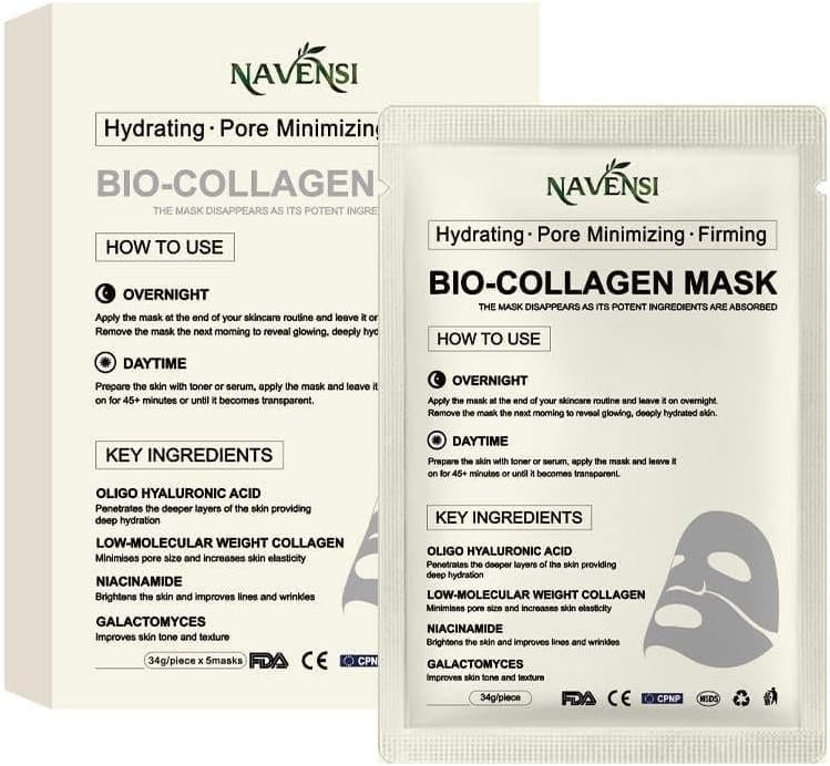 Navensi Bio Collagen Face Mask – Hydrating & Firming Sheet Mask for Anti-Aging, Wrinkle Reduction & Glowing Skin – Deep Moisturizing & Skin Tightening or Pore Minimizing Face Mask 34g x5ea