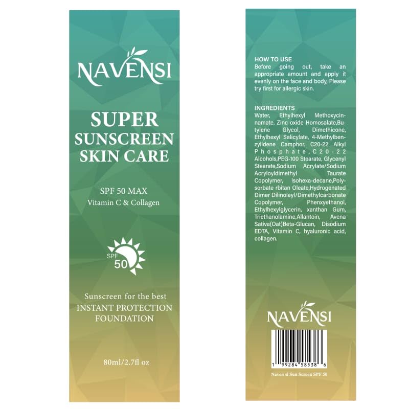 Navensi SPF 50 Sunscreen - Broad Spectrum UVA & UVB Protection - Hydrating & Lightweight Formula with Vitamin C & Collagen - Non-Greasy, Fast Absorbing, for Face & Body Anti-Aging Anti Wrinkle 80-ml