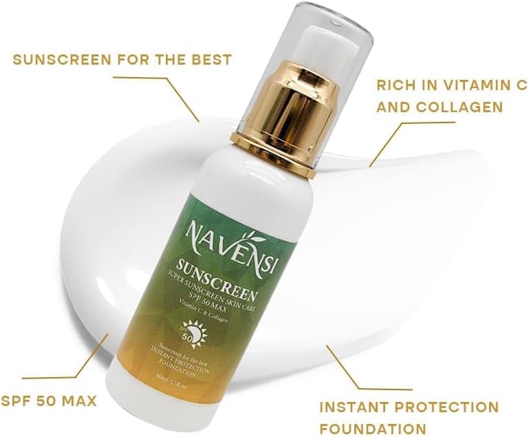 Navensi SPF 50 Sunscreen - Broad Spectrum UVA & UVB Protection - Hydrating & Lightweight Formula with Vitamin C & Collagen - Non-Greasy, Fast Absorbing, for Face & Body Anti-Aging Anti Wrinkle 80-ml