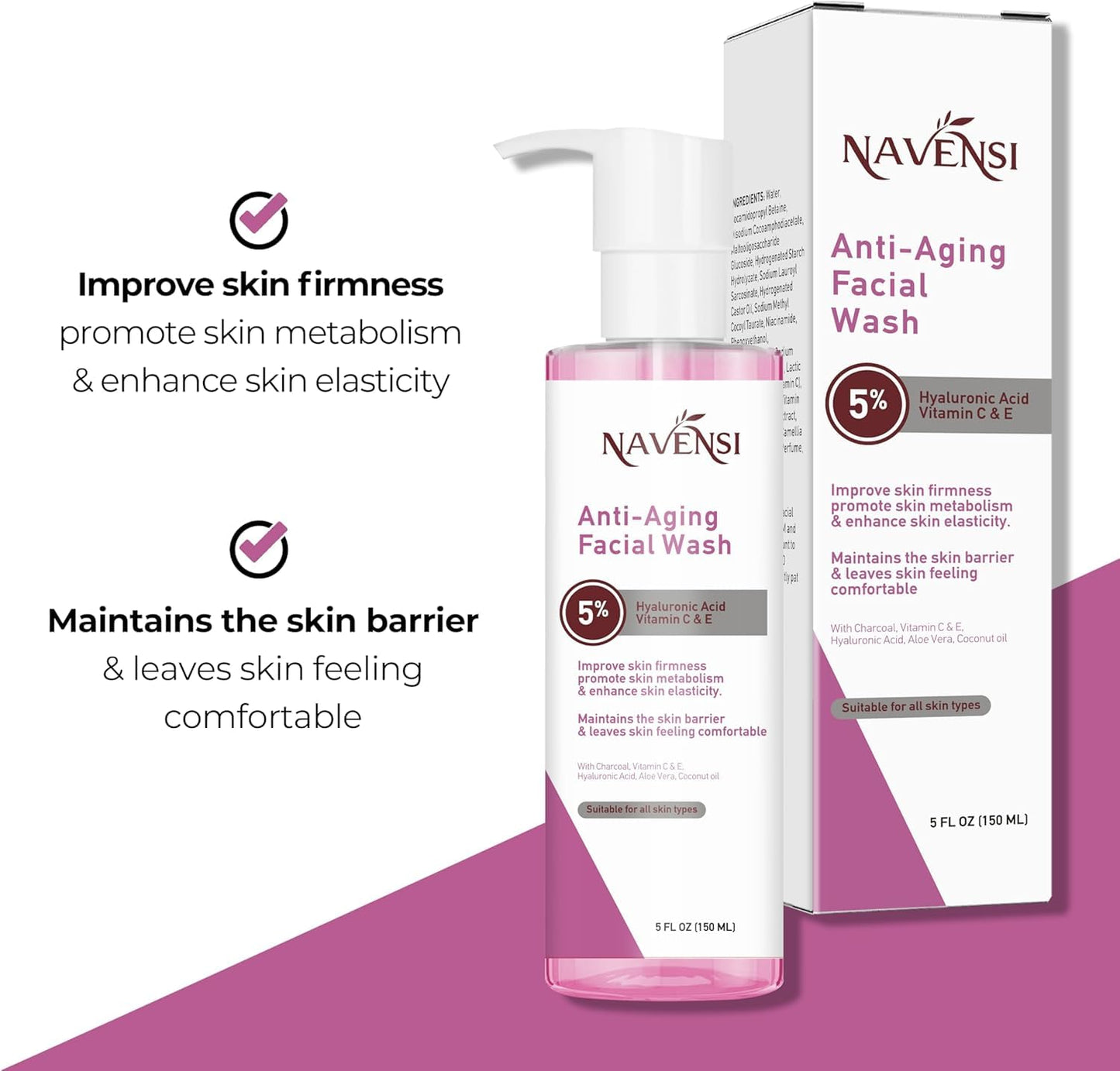 Navensi Anti-Aging Facial Wash | 5% Hyaluronic Acid, Manuka Honey, Charcoal, Aloe Vera, Vitamin C & E, Coconut Oil | Deep Cleansing & Hydrating Face Wash for Youthful Glow | 150ml