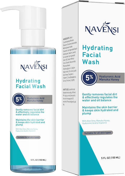 Navensi Hydrating Facial Wash | Hyaluronic Acid, Aloe Vera, Vitamin E & Manuka Honey | Deep Moisturizing & Refreshing Face Cleanser for Soft, Glowing Skin | Gentle & Sulfate-Free | 150ml