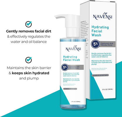 Navensi Hydrating Facial Wash | Hyaluronic Acid, Aloe Vera, Vitamin E & Manuka Honey | Deep Moisturizing & Refreshing Face Cleanser for Soft, Glowing Skin | Gentle & Sulfate-Free | 150ml