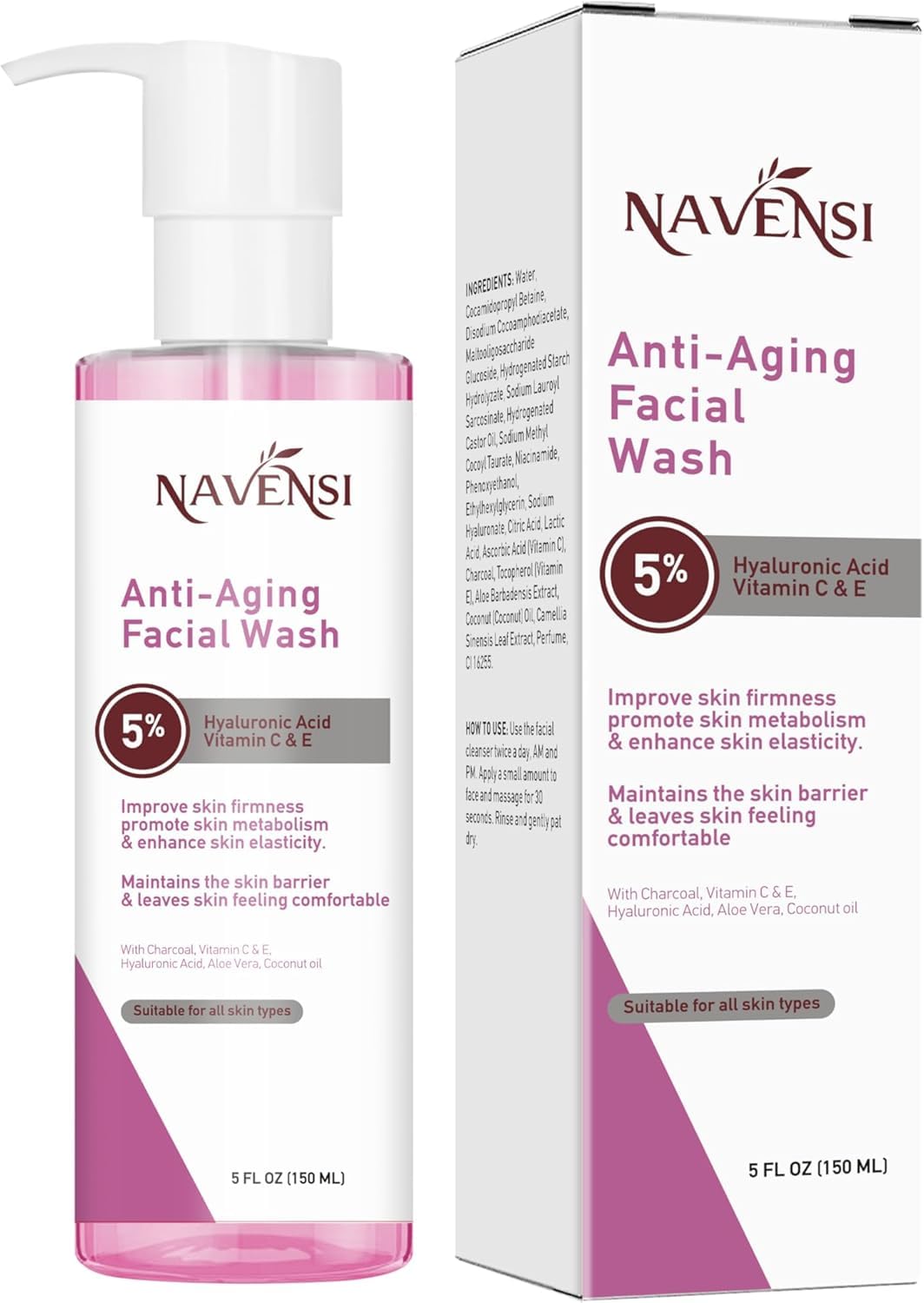 Navensi Anti-Aging Facial Wash | 5% Hyaluronic Acid, Manuka Honey, Charcoal, Aloe Vera, Vitamin C & E, Coconut Oil | Deep Cleansing & Hydrating Face Wash for Youthful Glow | 150ml