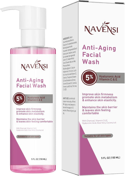Navensi Anti-Aging Facial Wash | 5% Hyaluronic Acid, Manuka Honey, Charcoal, Aloe Vera, Vitamin C & E, Coconut Oil | Deep Cleansing & Hydrating Face Wash for Youthful Glow | 150ml