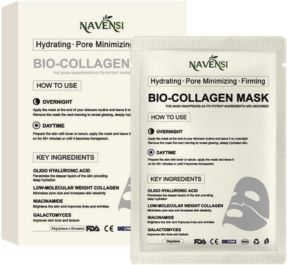 Navensi Bio Collagen Face Mask – Hydrating & Firming Sheet Mask for Anti-Aging, Wrinkle Reduction & Glowing Skin – Deep Moisturizing & Skin Tightening or Pore Minimizing Face Mask 34g x5ea