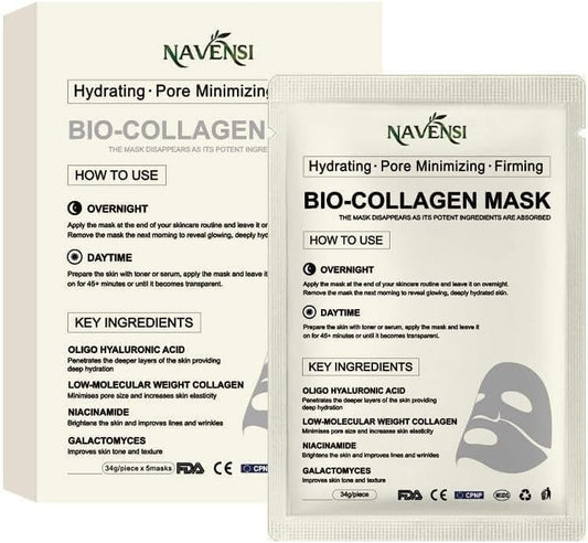 Navensi Bio Collagen Face Mask – Hydrating & Firming Sheet Mask for Anti-Aging, Wrinkle Reduction & Glowing Skin – Deep Moisturizing & Skin Tightening or Pore Minimizing Face Mask 34g x5ea