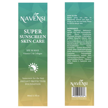 Navensi SPF 50 Sunscreen - Broad Spectrum UVA & UVB Protection - Hydrating & Lightweight Formula with Vitamin C & Collagen - Non-Greasy, Fast Absorbing, for Face & Body Anti-Aging Anti Wrinkle 80-ml