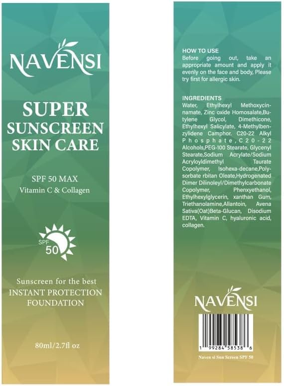 Navensi SPF 50 Sunscreen - Broad Spectrum UVA & UVB Protection - Hydrating & Lightweight Formula with Vitamin C & Collagen - Non-Greasy, Fast Absorbing, for Face & Body Anti-Aging Anti Wrinkle 80-ml